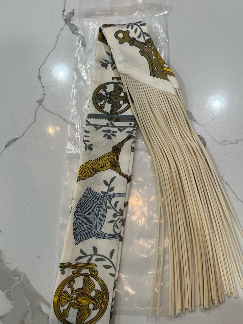 Cream with Gold and Blue silk fringe twilly